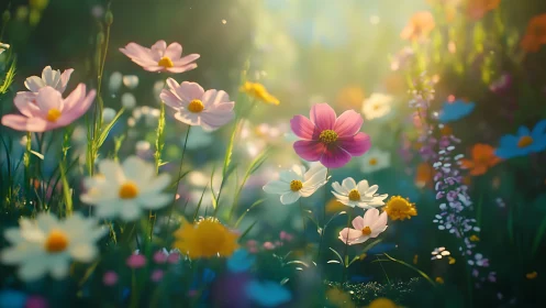 Depth-blurred garden scene with cosmos flowers in varied color saturation.