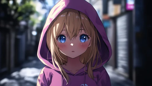 Anime girl in purple hoodie on blurred city street.