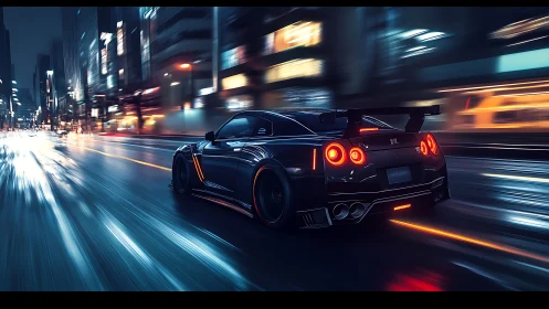 Sports coupe driving on wet city street at night.