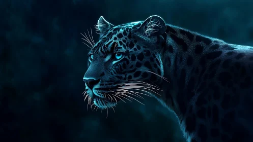 Neon Leopard Head Against Dark Teal Background