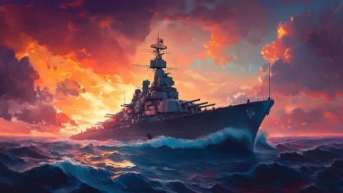 Sunset warship gliding through fiery seas of color.
