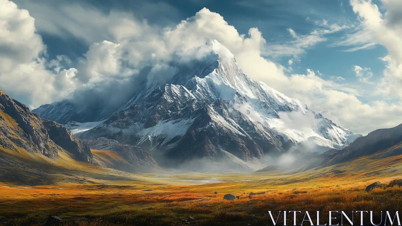 Snowcapped mountain peak over wide autumn valley landscape.