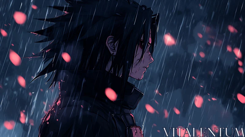 Side profile of anime character in rain with falling petals