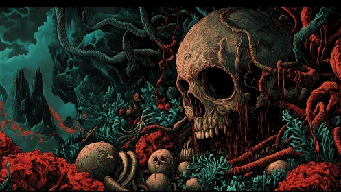 Haunting skull landscape wrapped in eerie coral and vines.