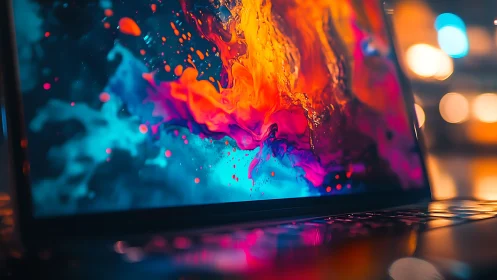 Laptop display erupts with vivid neon fluid abstract art.