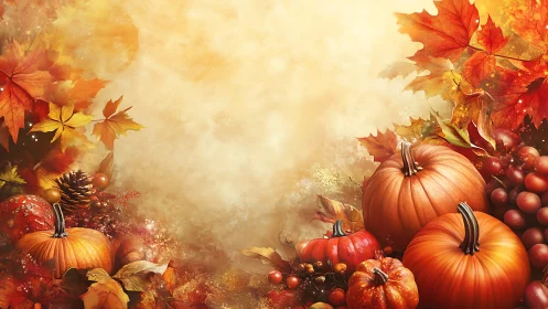 Autumn pumpkins and leaves border on warm textured background.