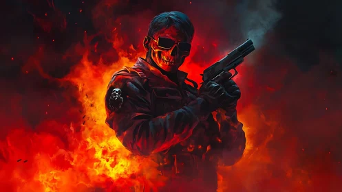 Flameborn skull gunner stalking through molten midnight fire.