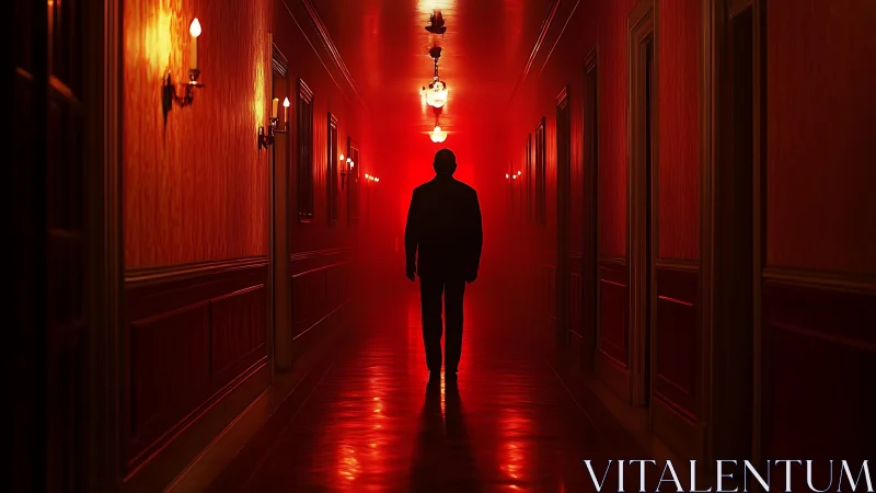 Silhouetted figure walks a red-lit hotel corridor in suspense