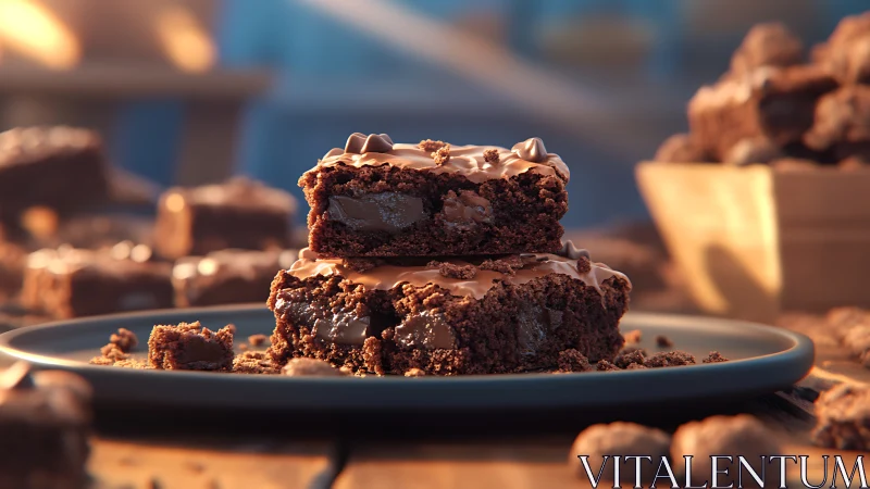 Stacked molten chocolate brownies show glossy ganache texture