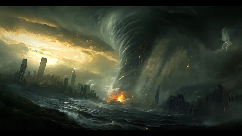 Storm-twisted city skyline under a colossal fiery vortex.