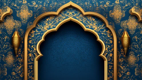 Gilded archway whispers on deep sapphire arabesque walls.