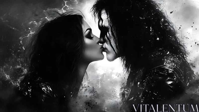 Two figures converge in atmospheric dissolution and high-contrast chiaroscuro rendering.