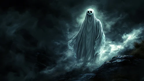 Spectral shrouded apparition hovers in volumetric moonlit fog