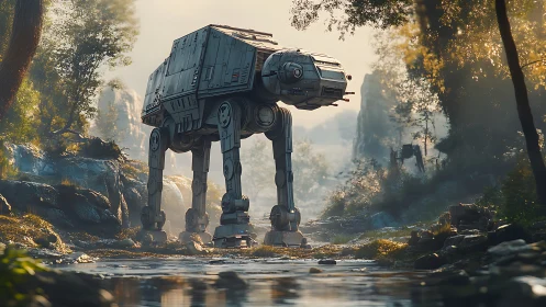 Walker-style combat mech crossing shallow forest stream.