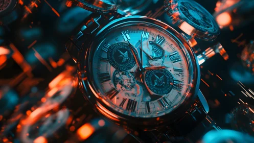 Luxury metallic wristwatch with coin accents, glowing blue-orange lighting.