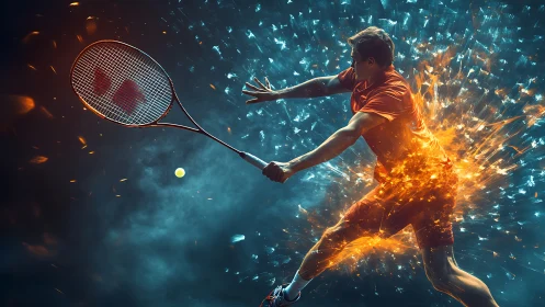 Explosive badminton smash captured in fiery motion burst.