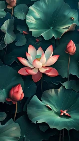 Lotus flowers and leaves occupy a vertically framed composition