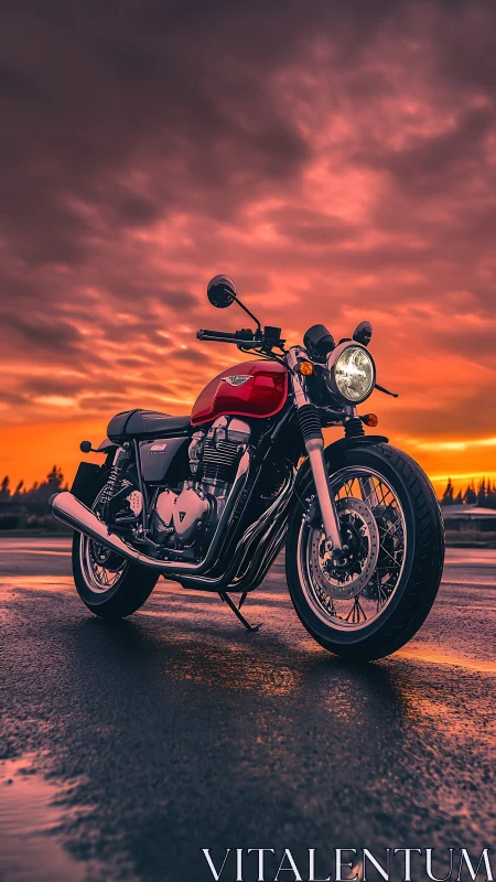 Red road motorcycle on wet asphalt under vivid sunset sky.