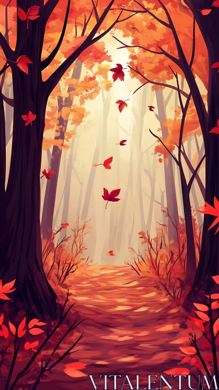 Autumn Forest Passage with Descending Maple Leaves