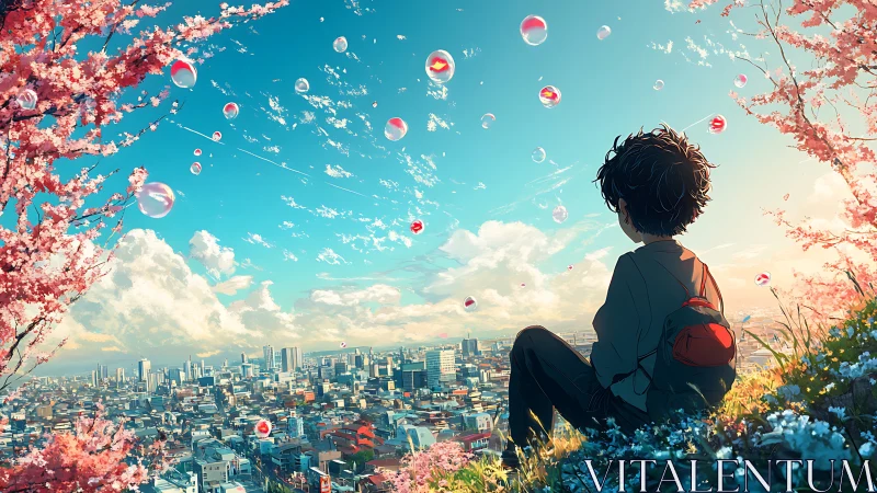 Boy overlooking spring city under floating bubbles at dusk.