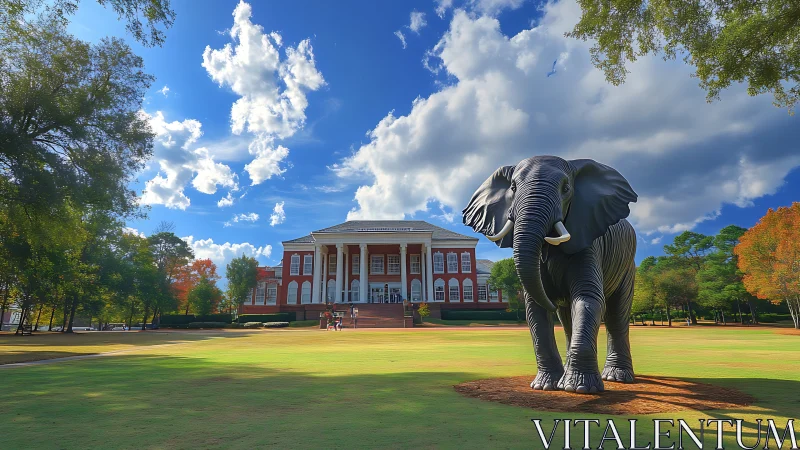 Large elephant statue before red brick neoclassical hall.