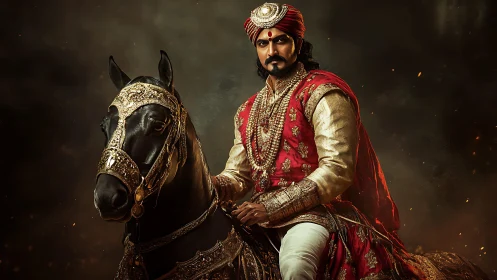 Royal rider in ornate red attire on black horse. Period.