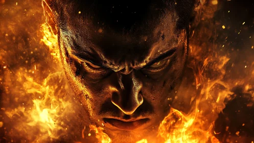 Burning warrior face emerges from swirling inferno flames