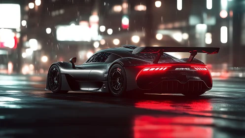Sleek hypercar on wet neon city street at night.