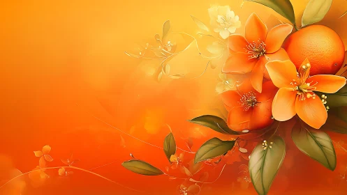 Orange blossoms and citrus cluster in glowing gradient bloom.