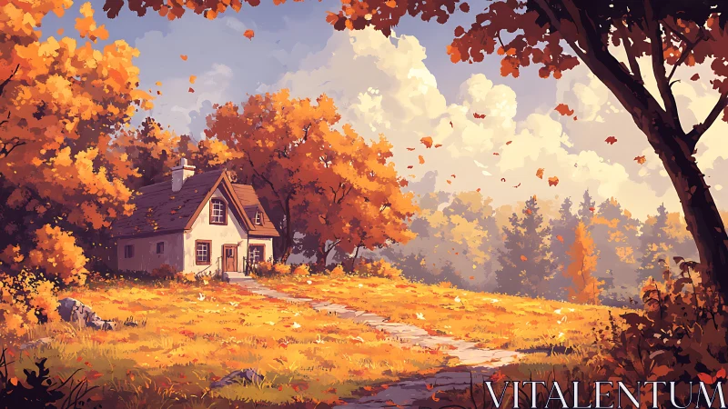 Cozy cottage nestles beneath glowing autumn forest skies