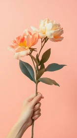 Hand Holding Peach Roses Against Pink Background