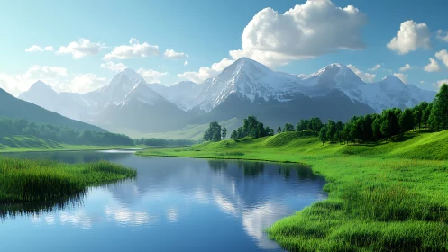 Snowcapped peaks rise above tranquil reflective lake panorama.