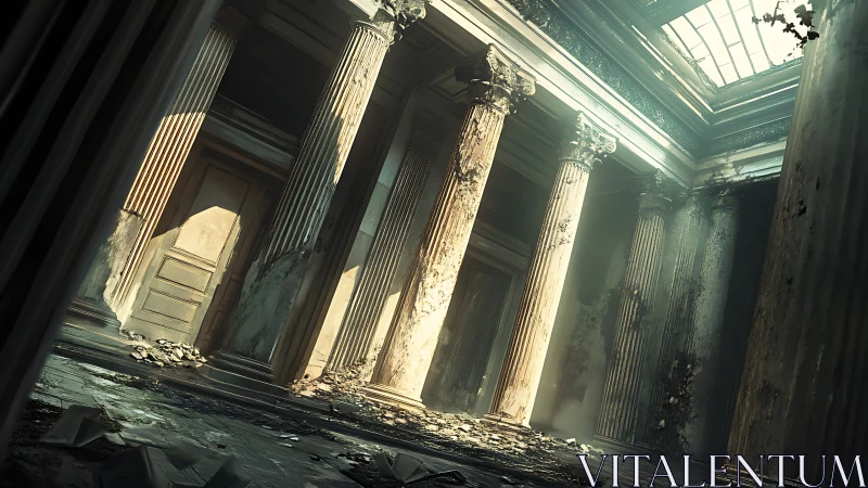 Sunlit ruins of a forgotten grand hall, quietly enduring time.