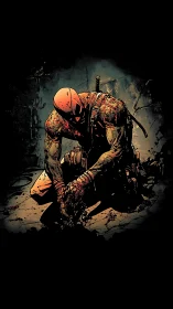 Battle worn antihero kneels alone in a bloodstained ruin