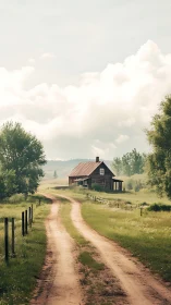Quiet country lane leads toward a cozy rustic farmhouse