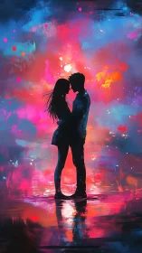 Silhouetted Couple Embracing Within Luminous Neon Plasma Field