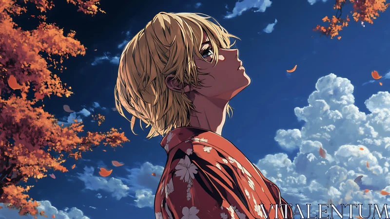 Blond anime figure in red kimono under vivid autumn sky.