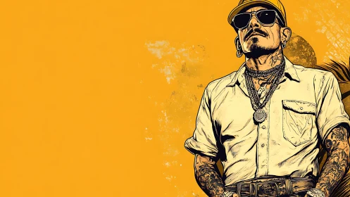 Graphic portrait of tattooed man in sunglasses on flat yellow ground