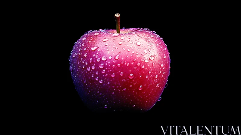 Luminous red apple with dewy droplets on black backdrop.