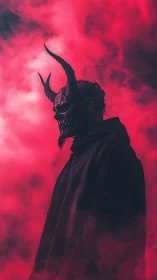 Horned masked figure in red fog rendered as digital portrait