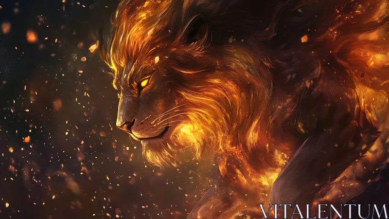 Fiery lion profile glows against dark swirling embers