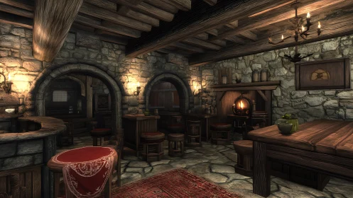 Candlelit stone tavern hums softly under heavy timber beams