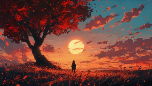 Solitary dreamer beneath a fiery red tree at sunset.