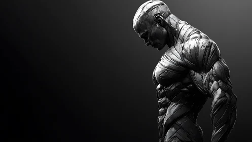 Chrome biomech warrior stands in stark profile silence.