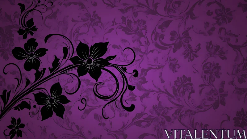 Black Floral Silhouettes Against Purple Damask Pattern.