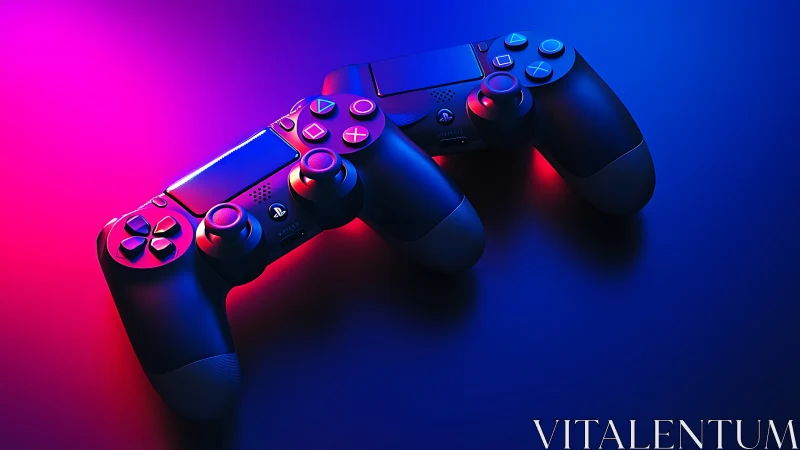 Dual Gaming Controllers Under Neon Gel Lighting with Magenta-Blue Chromatic Separation