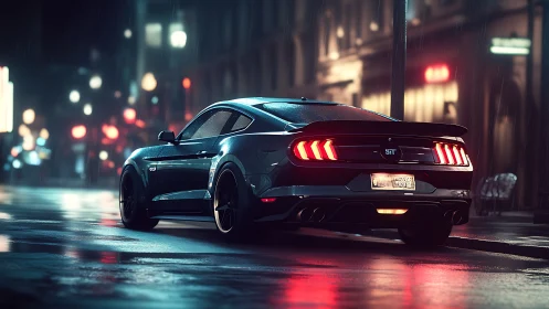 Night street performance coupe under rain-soaked city lights.