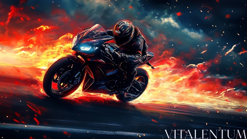 Motorcyclist leans through turn surrounded by stylized flames