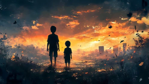 Silhouetted siblings observing post urban skyline at blazing sunset