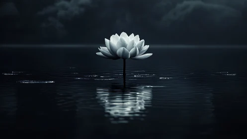 Solitary white lotus on dark reflective water surface.